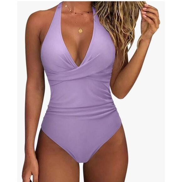 Suuksess Womens Lavender Size S Halter Neck One-Piece Swimsuit Tummy Control - Picture 1 of 12